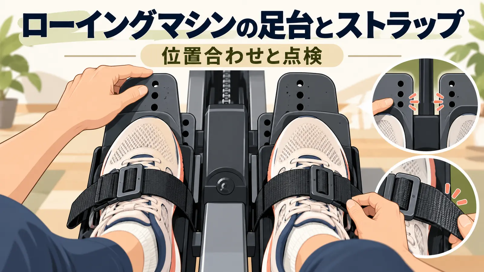 ローイングマシンの左右の足台とストラップを確認するイラスト