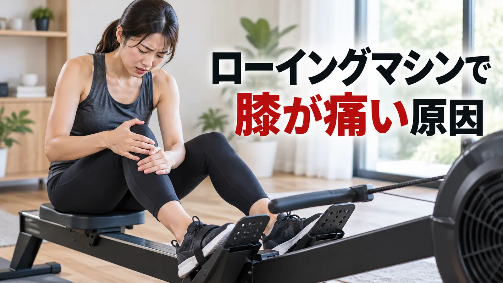 ローイングマシンで膝を確認する人物