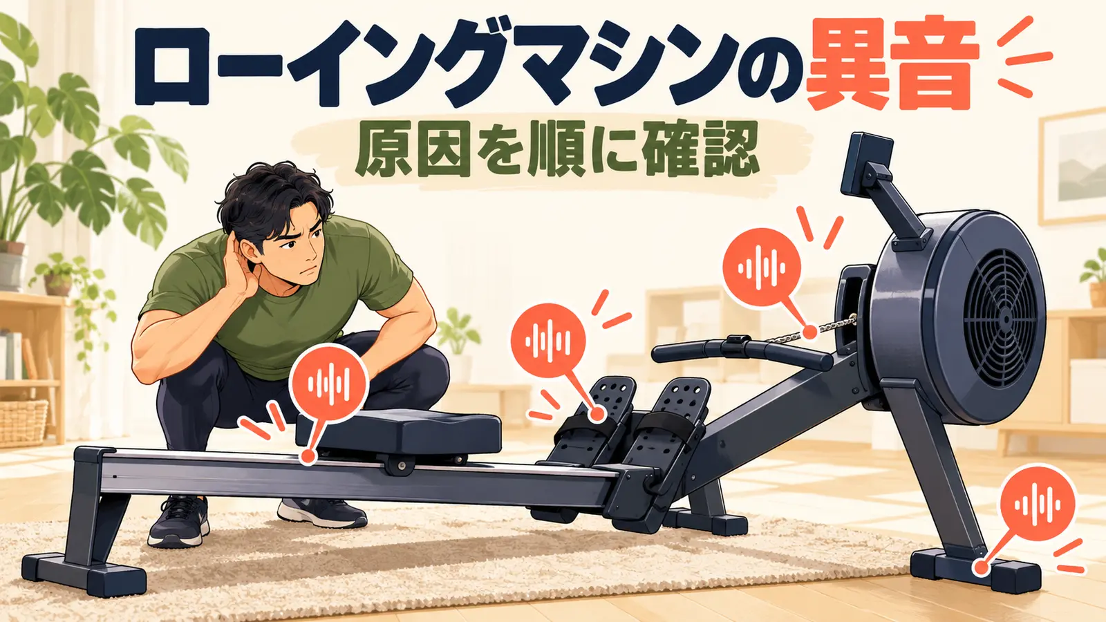 ローイングマシンの異音 ローイングマシンのシート、足台、駆動部と脚の異音を確認するイラスト