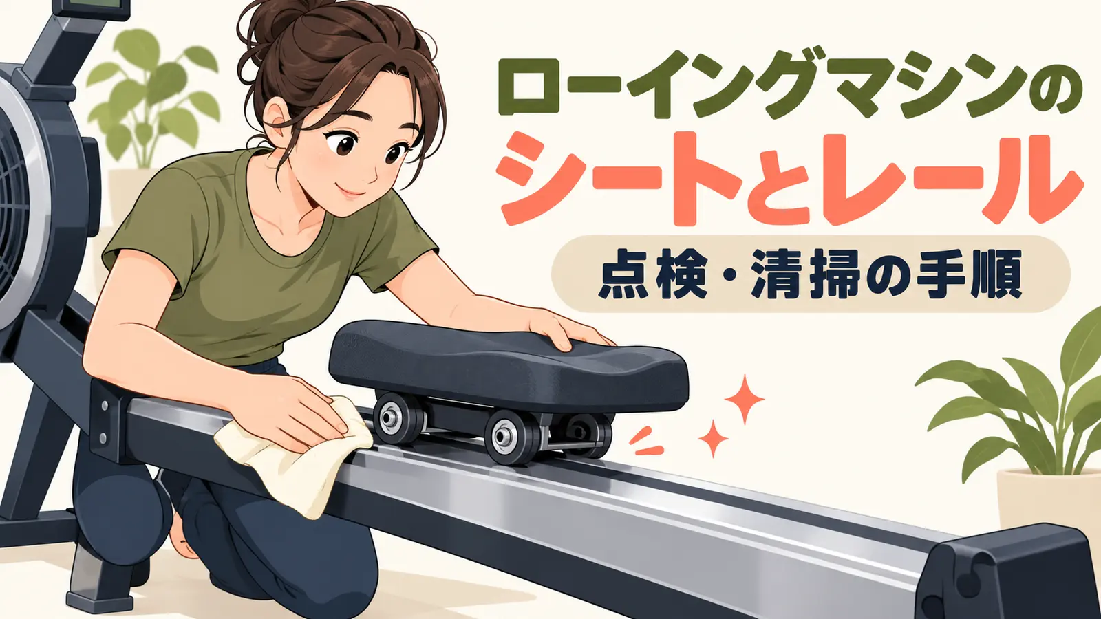 ローイングマシンのシートとレール ローイングマシンのシートとレールを点検する人物