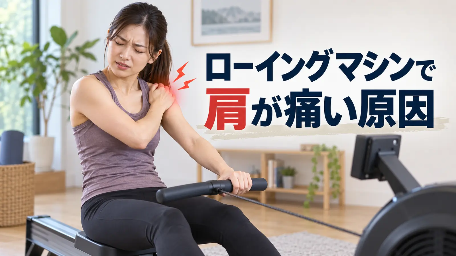ローイングマシンで肩を確認する人物