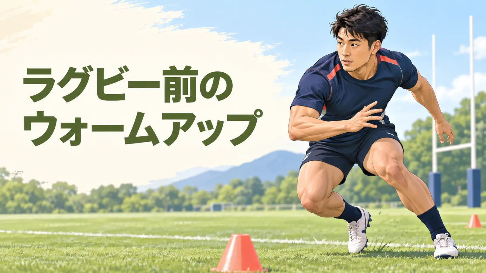 ラグビー前に走りと切り返しを準備する選手