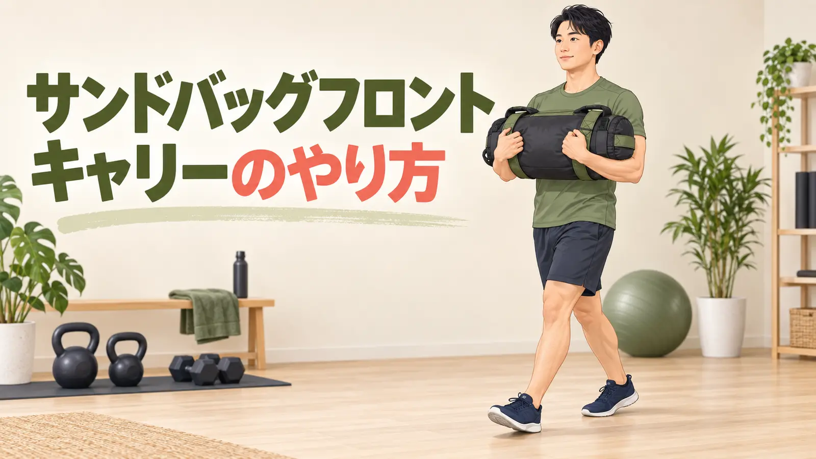 サンドバッグを胸前で支えて歩くフロントキャリー