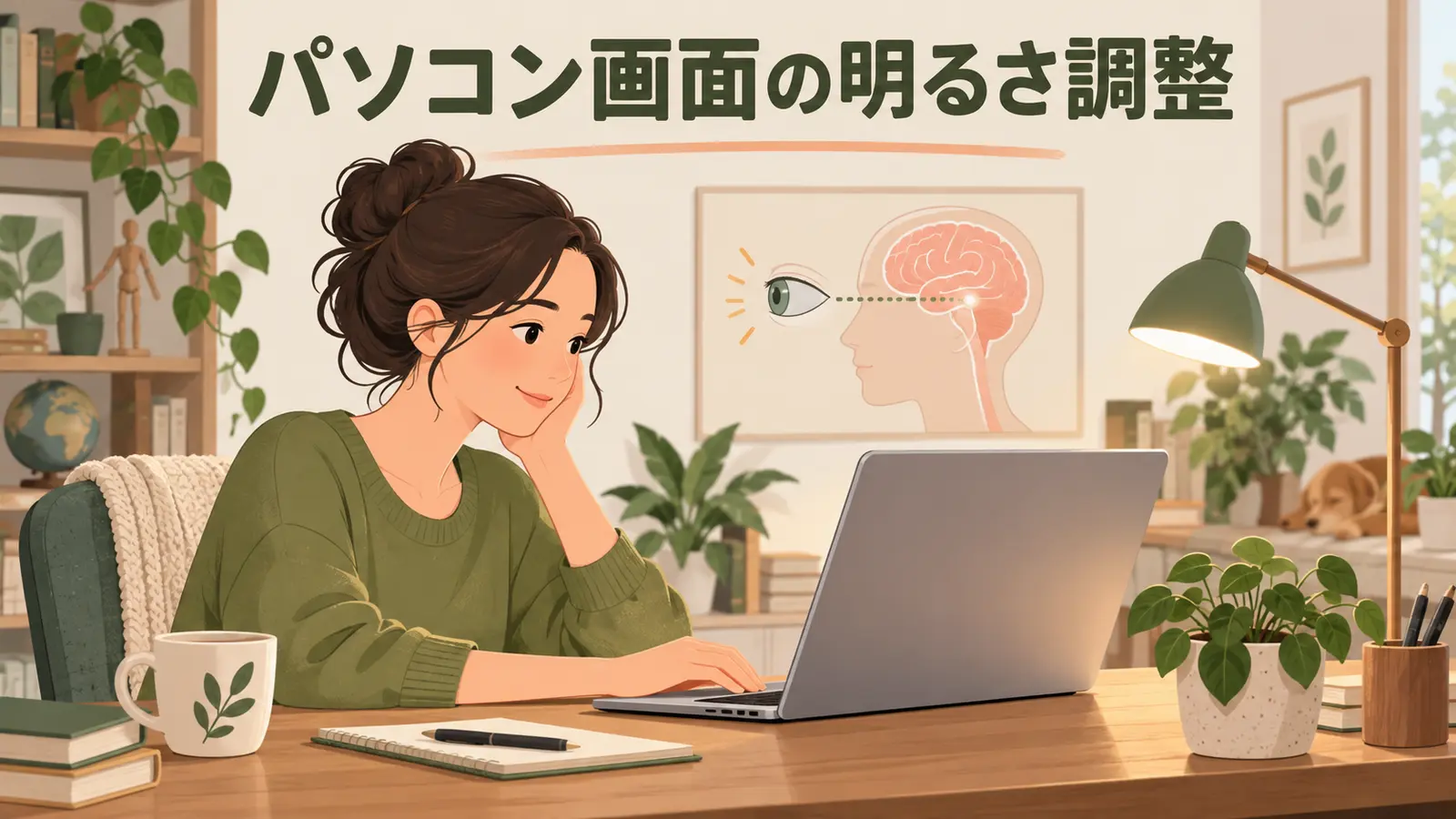 室内照明に合わせて明るさを調整したパソコン画面