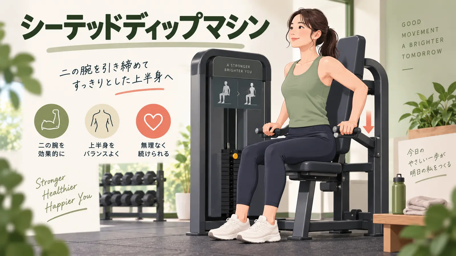 シーテッドディップマシンを正しいフォームで行うイラスト