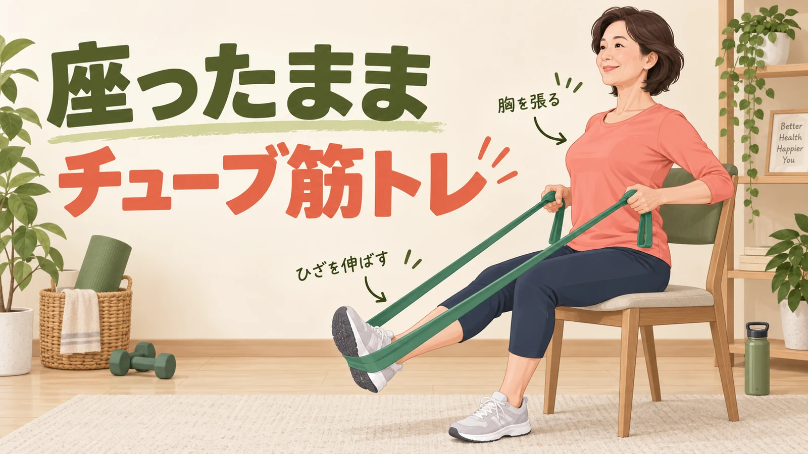 座ったままできるチューブ筋トレを紹介するアイキャッチ