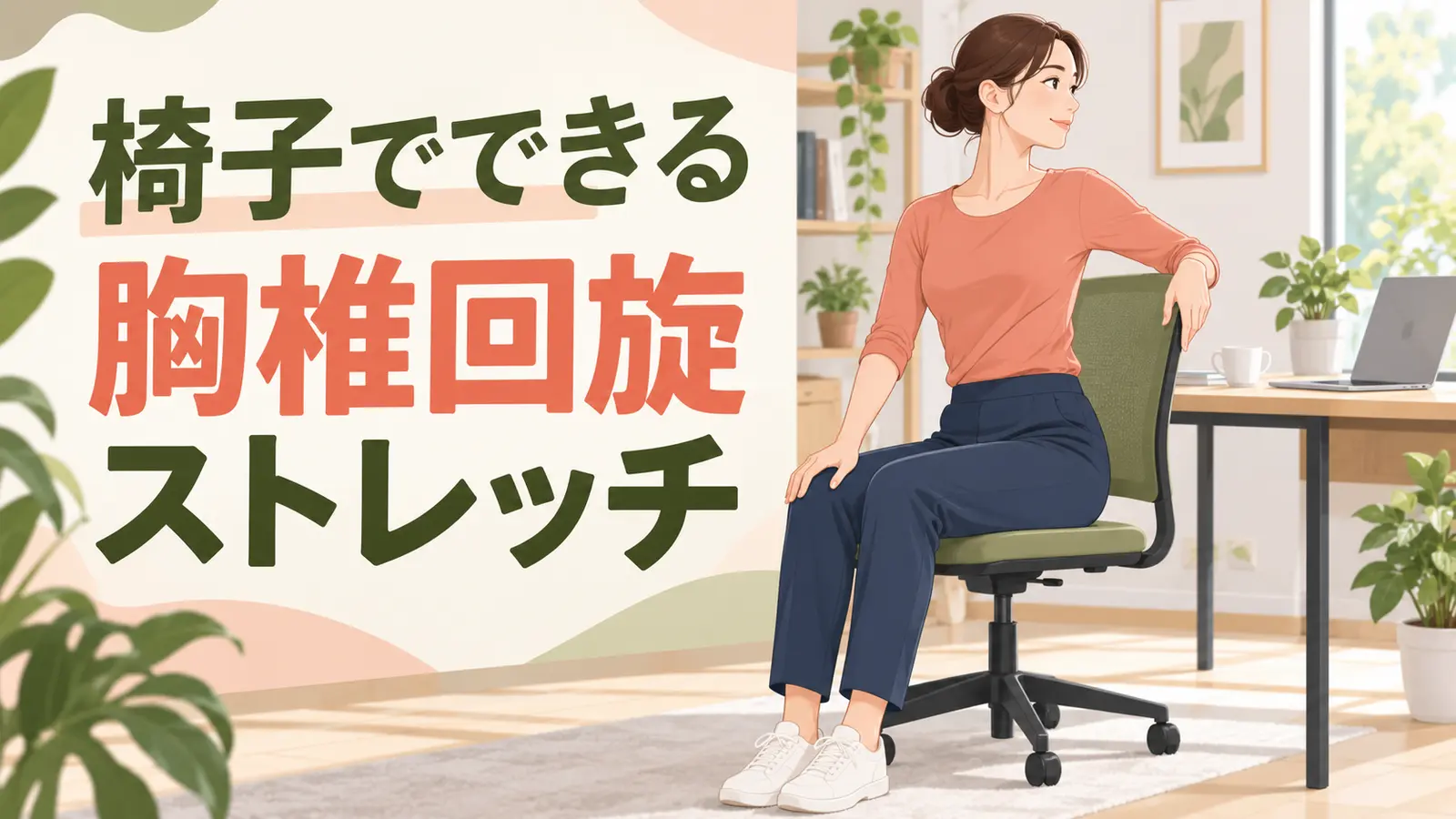 椅子に座って胸椎を回旋する女性