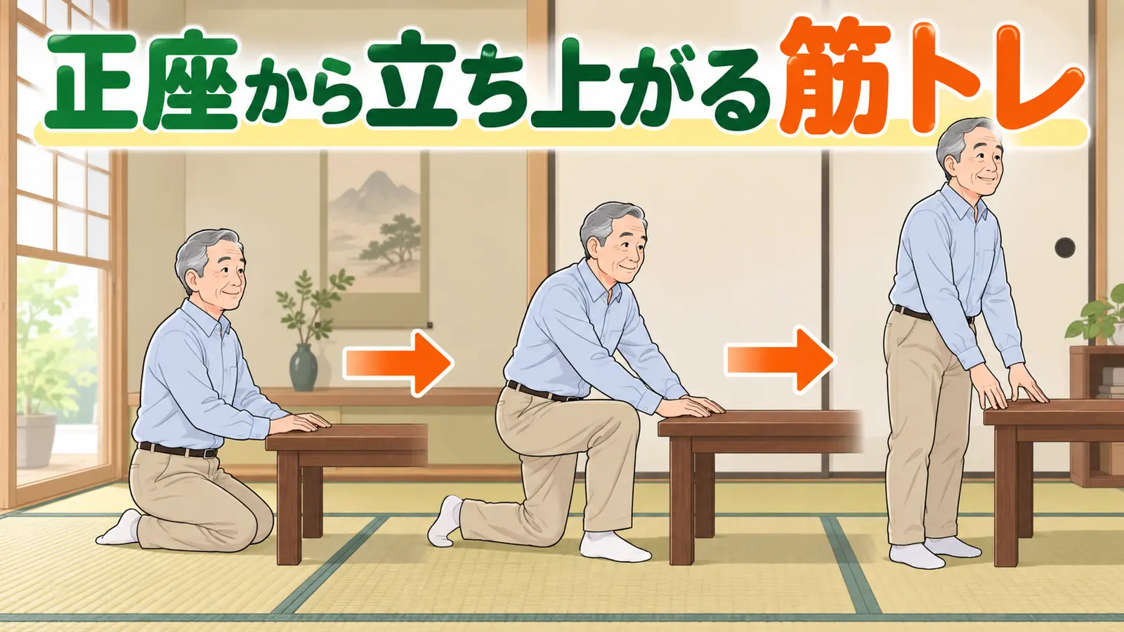 机に手を添えて正座から片膝立ちを経て立つ中高年男性