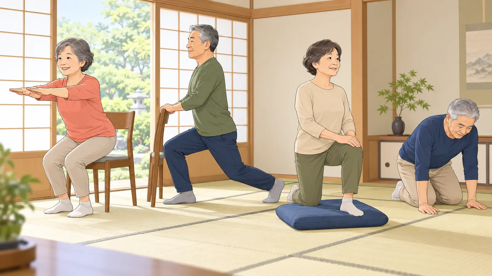 椅子スクワット、支持つきランジ、片膝立ちの練習