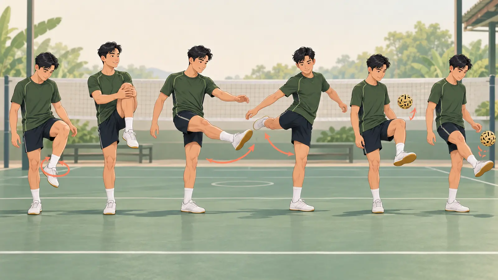 セパタクロー前のウォームアップ手順を示すイラスト
