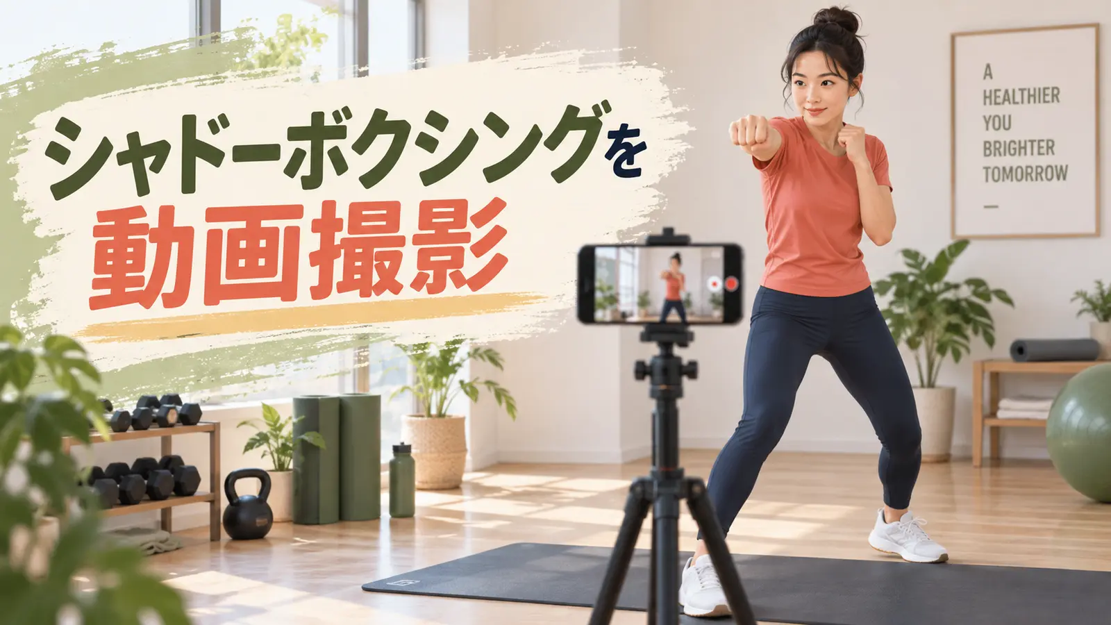 スマートフォンで安全にシャドーボクシングを撮影する様子