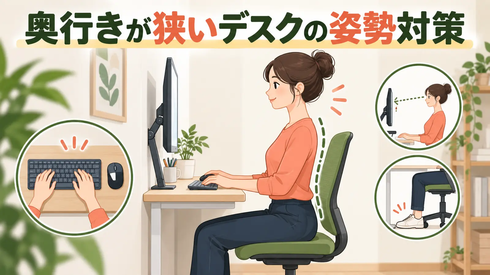 奥行きが狭いデスクの正しい配置を示すアイキャッチ