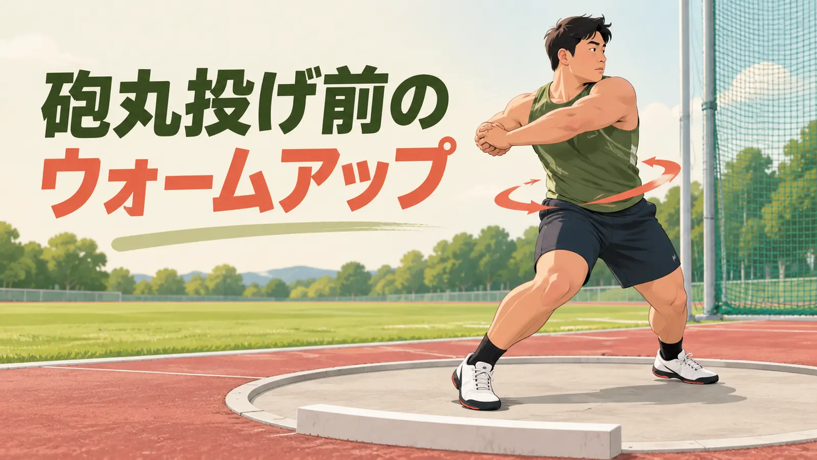 砲丸投げ前に股関節を動かす選手