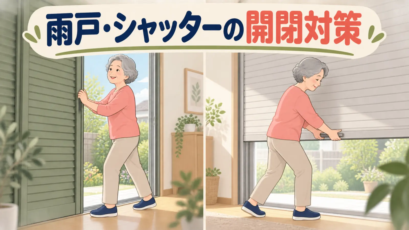 雨戸と手動シャッターを安全に開閉する中高年女性