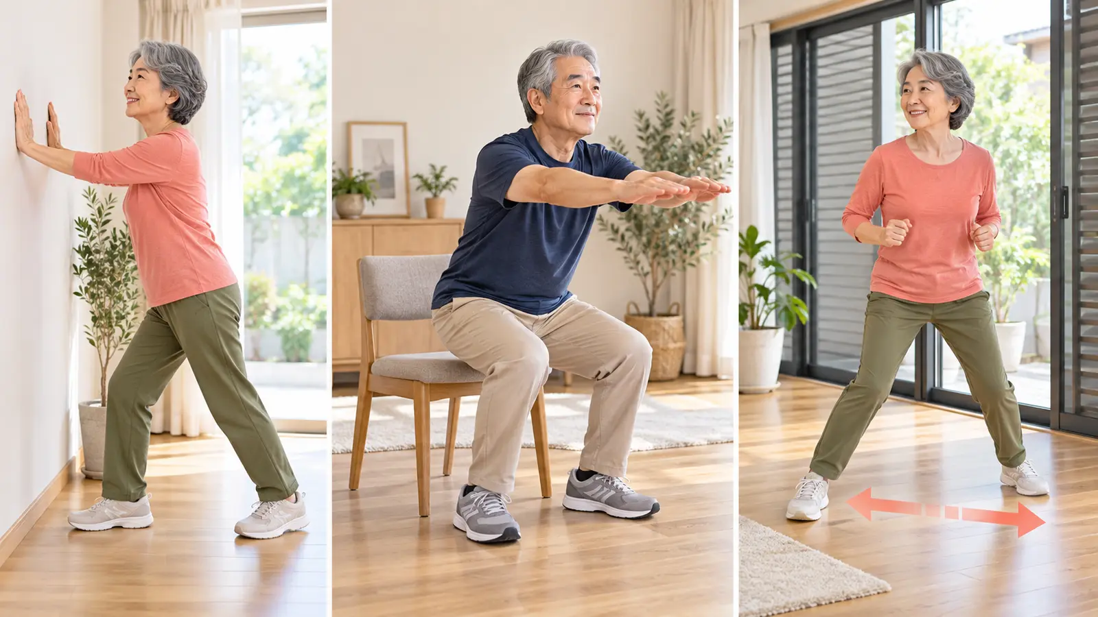 壁押し、椅子スクワット、横ステップを行う中高年