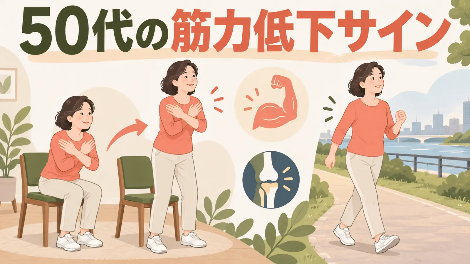50代の筋力低下サインを実践する中高年のイラスト