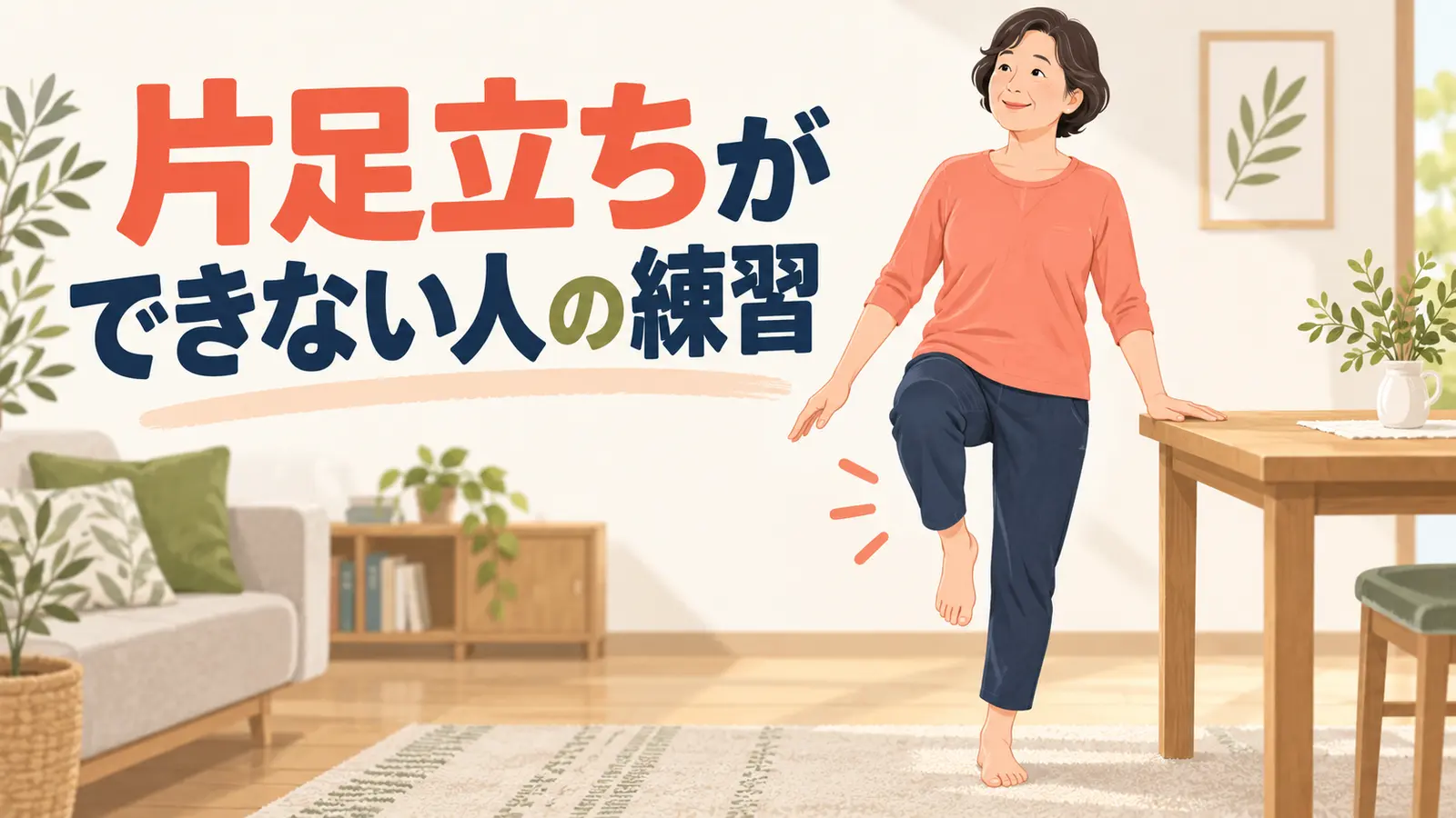 片足立ちができない人のトレーニングを実践する中高年のイラスト