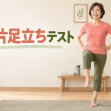 開眼片足立ちテストを見守り付きで行う女性