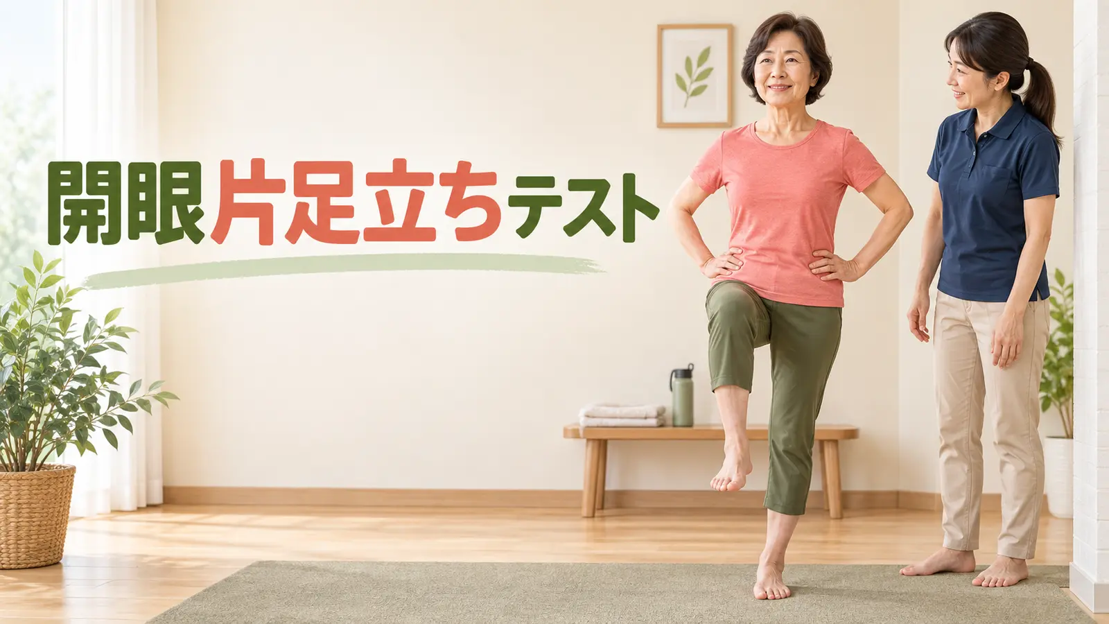 開眼片足立ちテストを見守り付きで行う女性