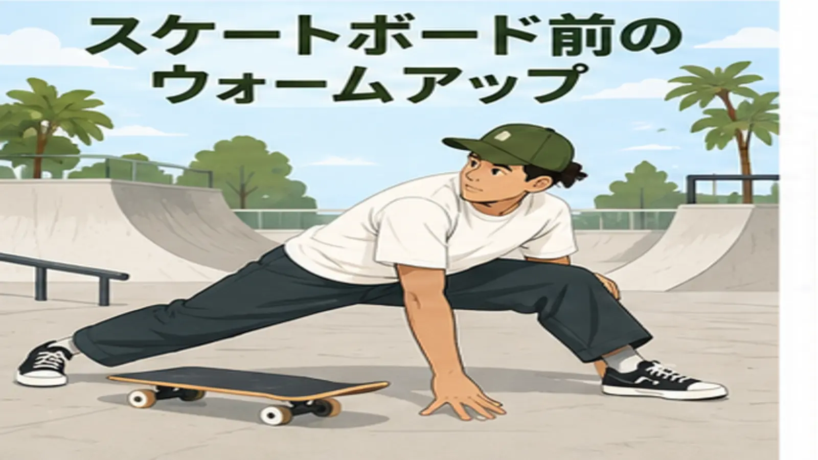 スケートボード前にウォームアップする人物のイラスト