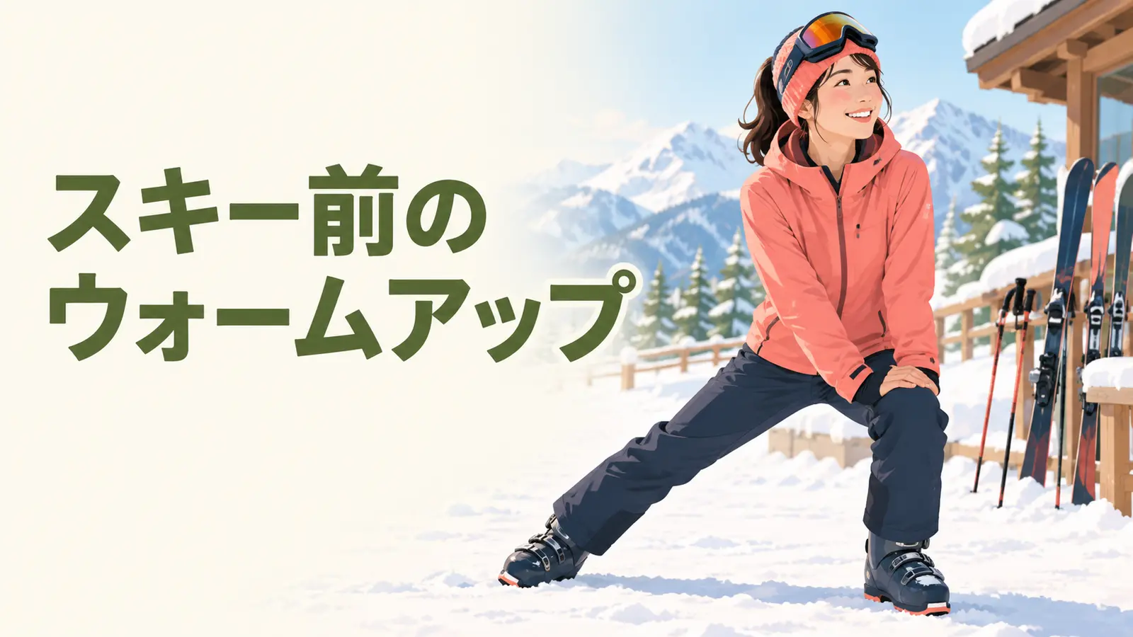 ゲレンデでスキー前に下半身を準備する様子