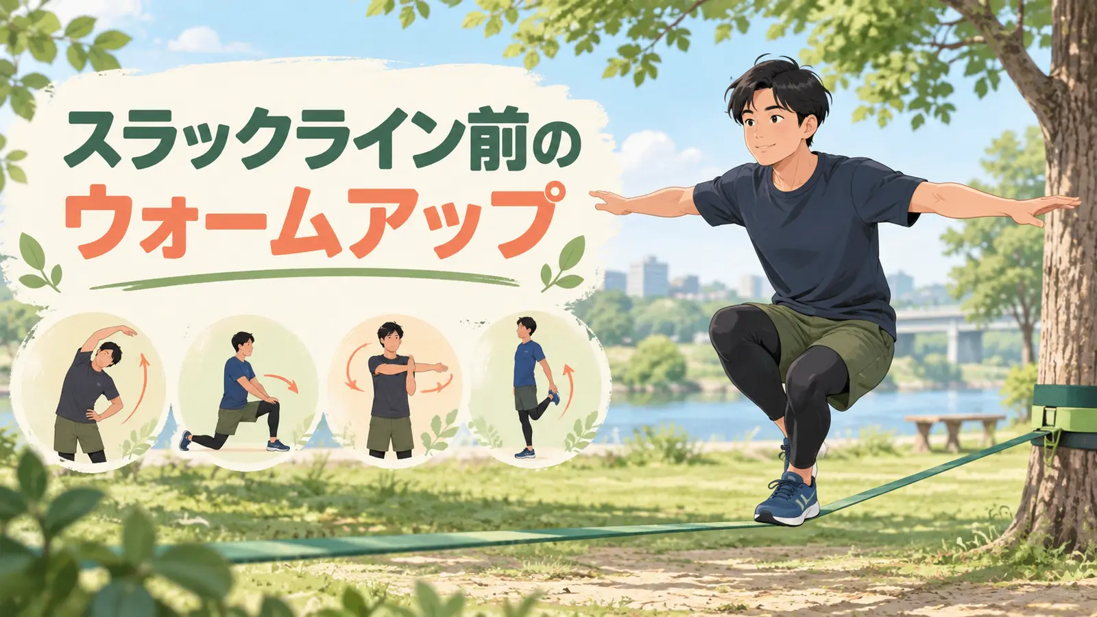 スラックライン前にウォームアップを行う様子