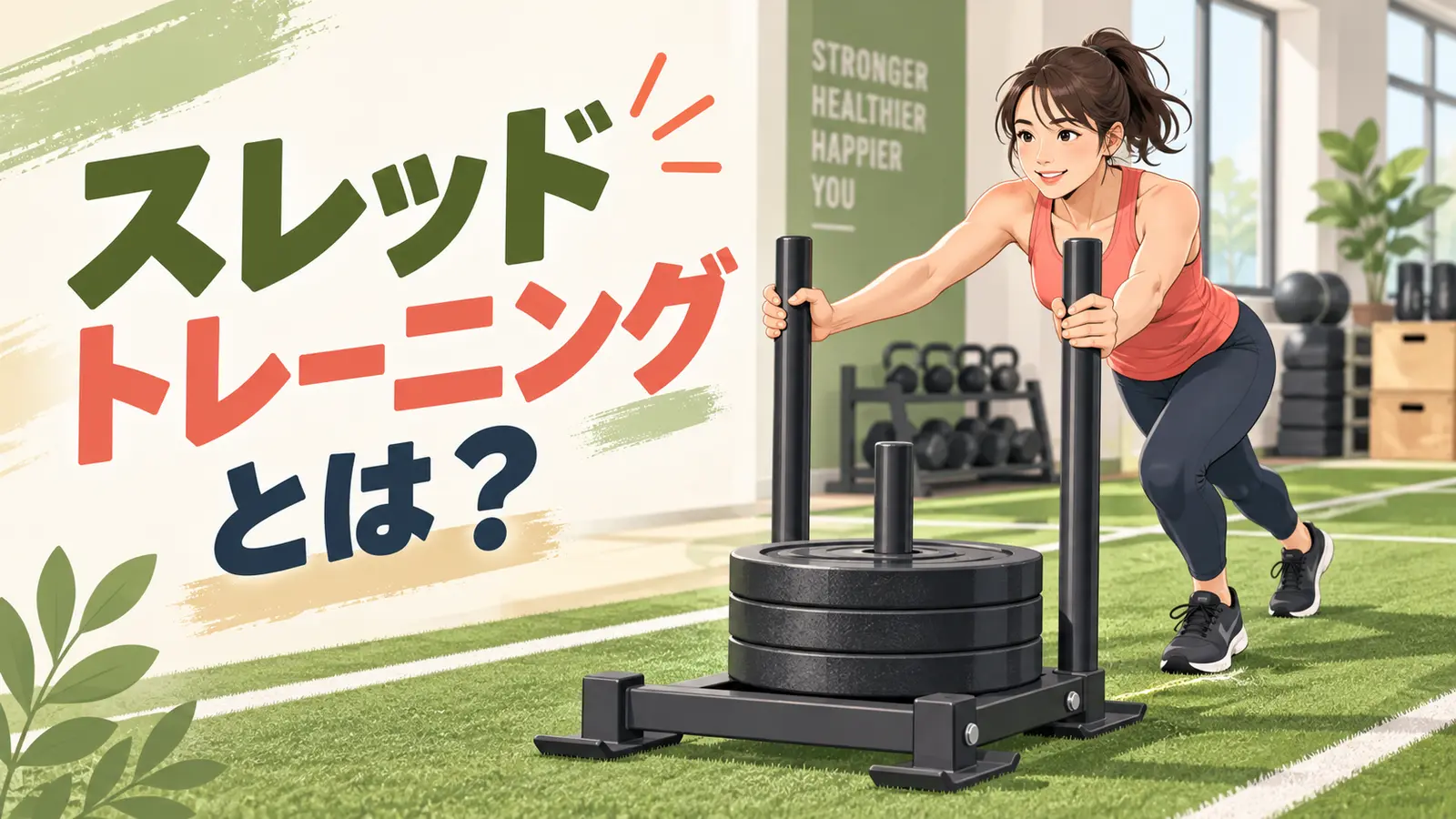 人工芝の上でトレーニングスレッドを押す初心者