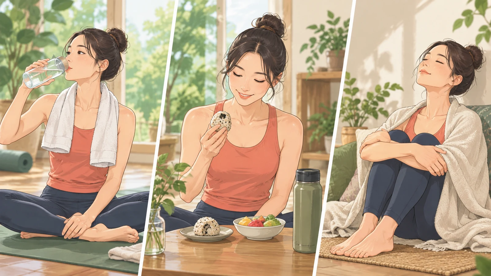 ヨガ後に水分や軽食を取り休憩する様子
