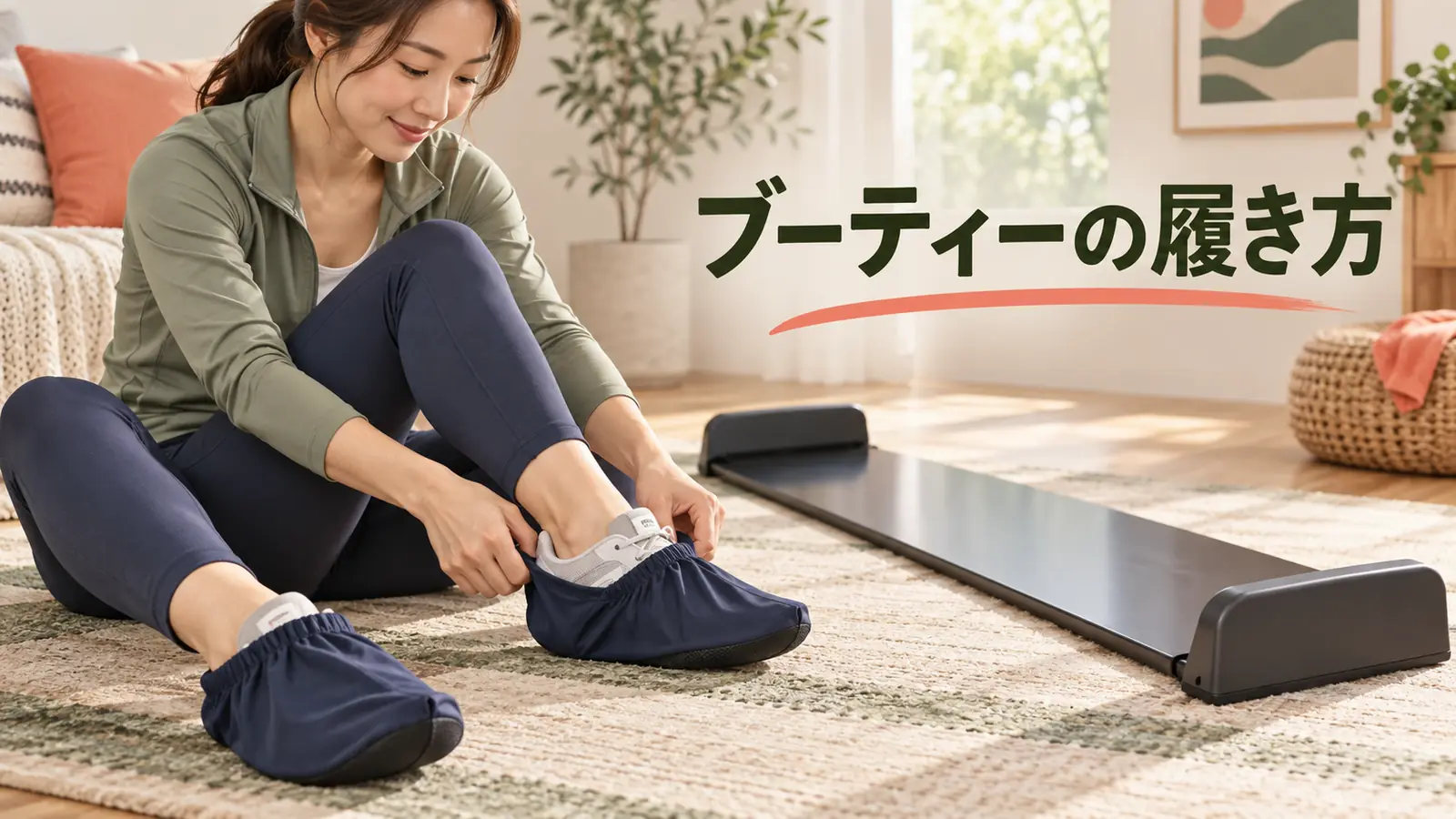 靴の上にスライドボード専用ブーティーを履く様子