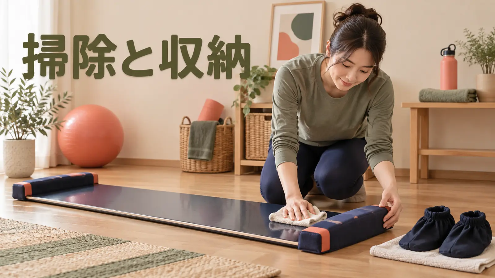 スライドボードの滑走面とストッパーを点検して掃除・収納する