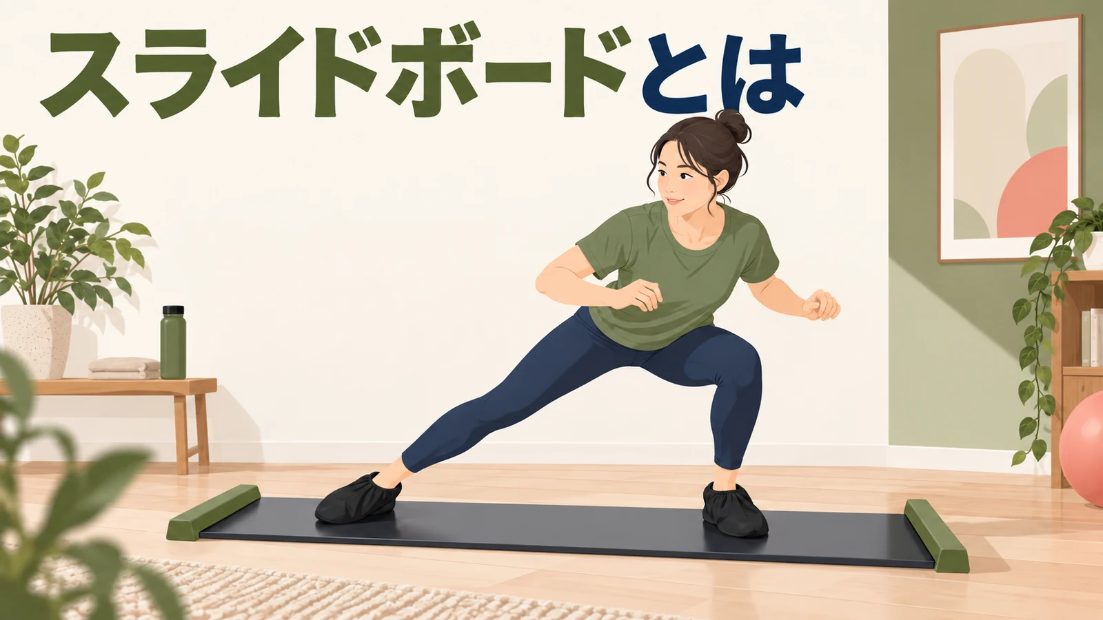 スライドボードの両端ストッパーの間で横移動する初心者