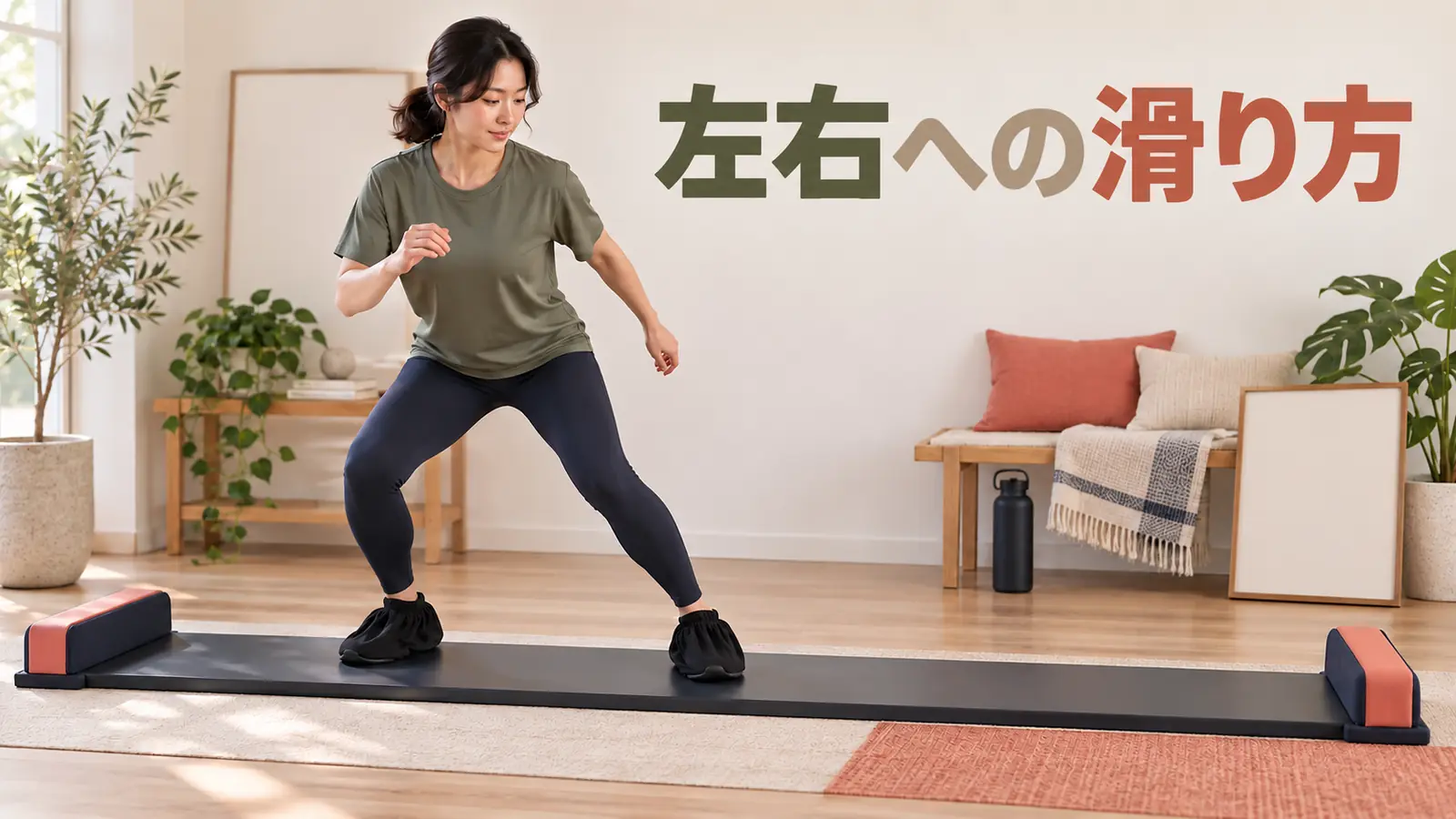 専用ブーティーでスライドボード上を短く横へ滑る様子