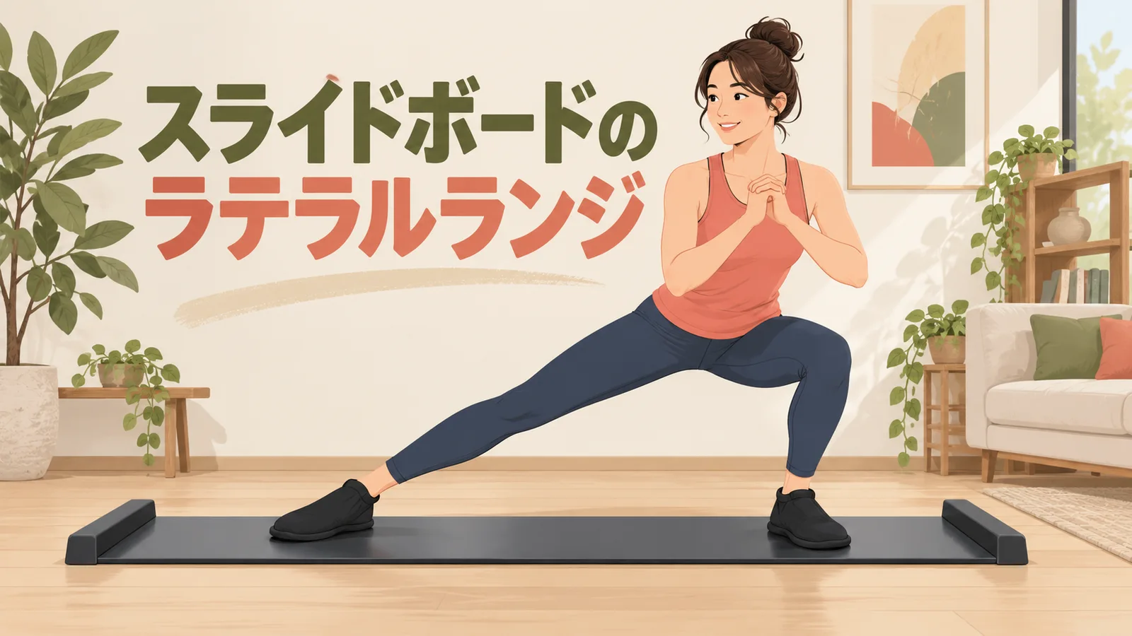 スライドボードのラテラルランジ 長いスライドボードで片足を横へ滑らせるラテラルランジ