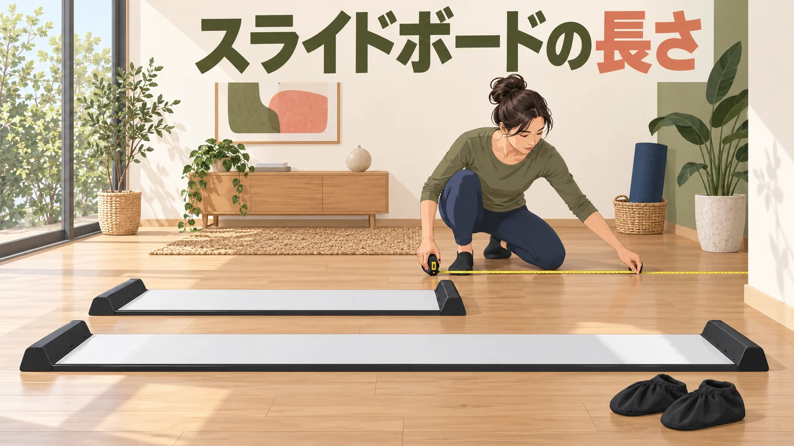 長さの異なるスライドボードと設置スペースを確認する様子