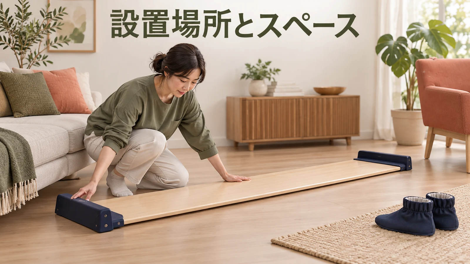 平らな床にスライドボードを設置し周囲の空間を確認