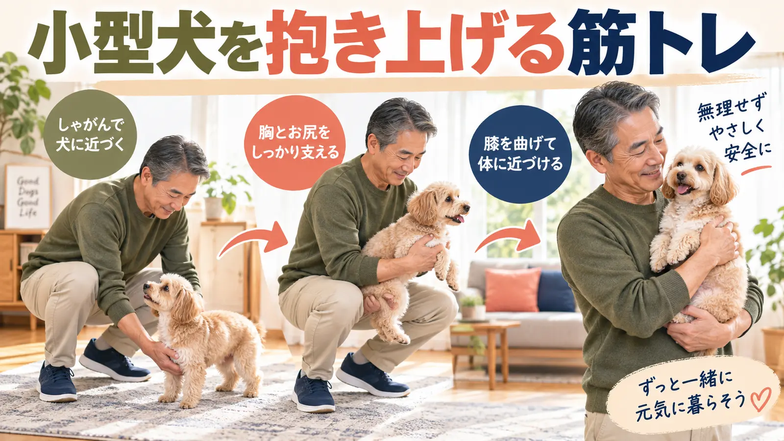 小型犬をしゃがんで胸とお尻を支え抱き上げる中高年男性