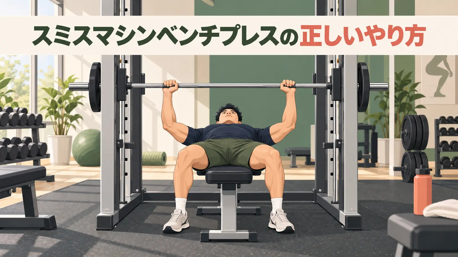 スミスマシンベンチプレスを正しい姿勢で行うイラスト