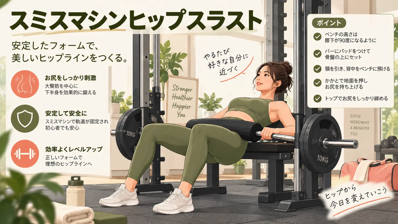 スミスマシンヒップスラストを正しいフォームで行うイラスト