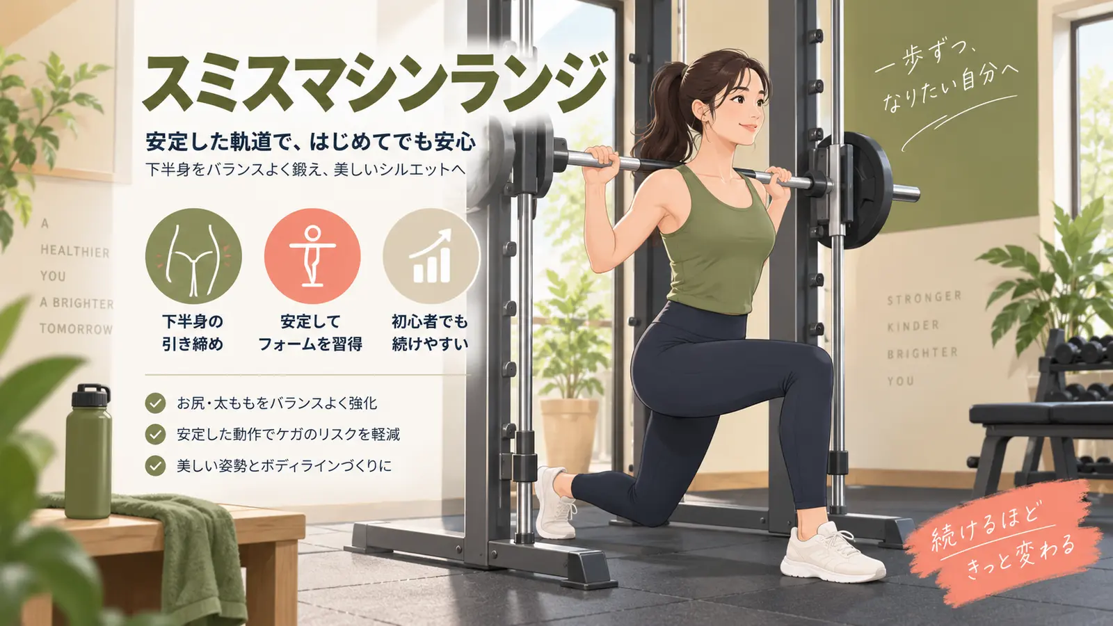 スミスマシンランジを正しいフォームで行うイラスト