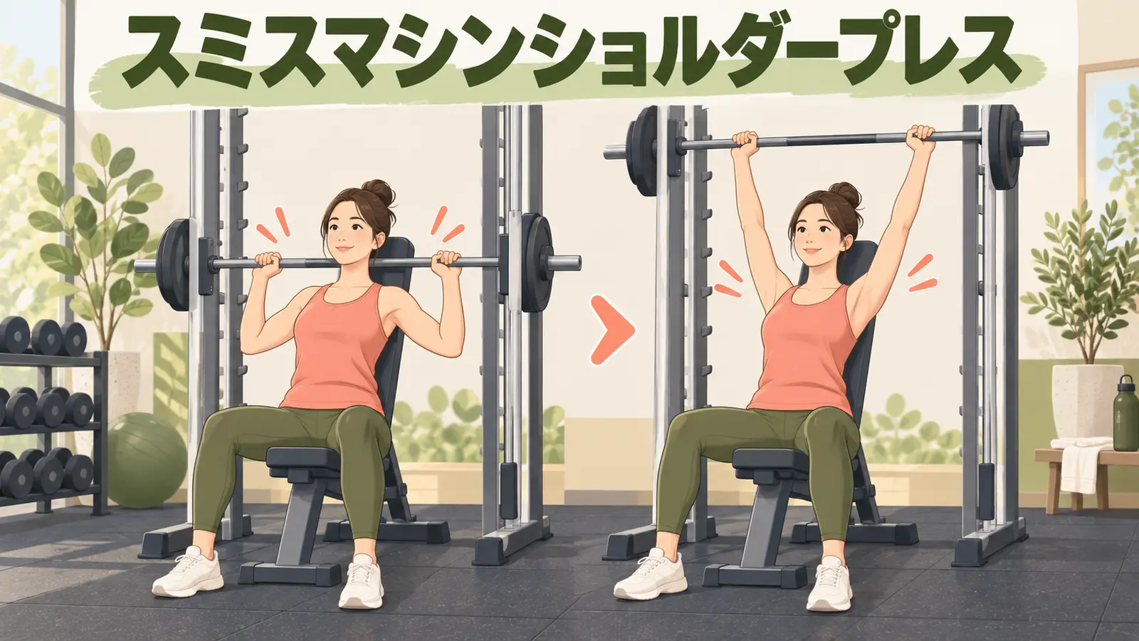 スミスマシンショルダープレスを正しいフォームで行うイラスト