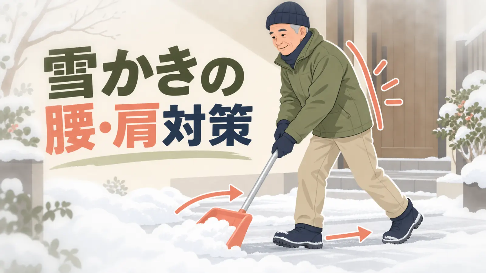雪をスコップで持ち上げず前へ押す中高年男性
