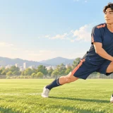 サッカー前にサイドランジを行う選手