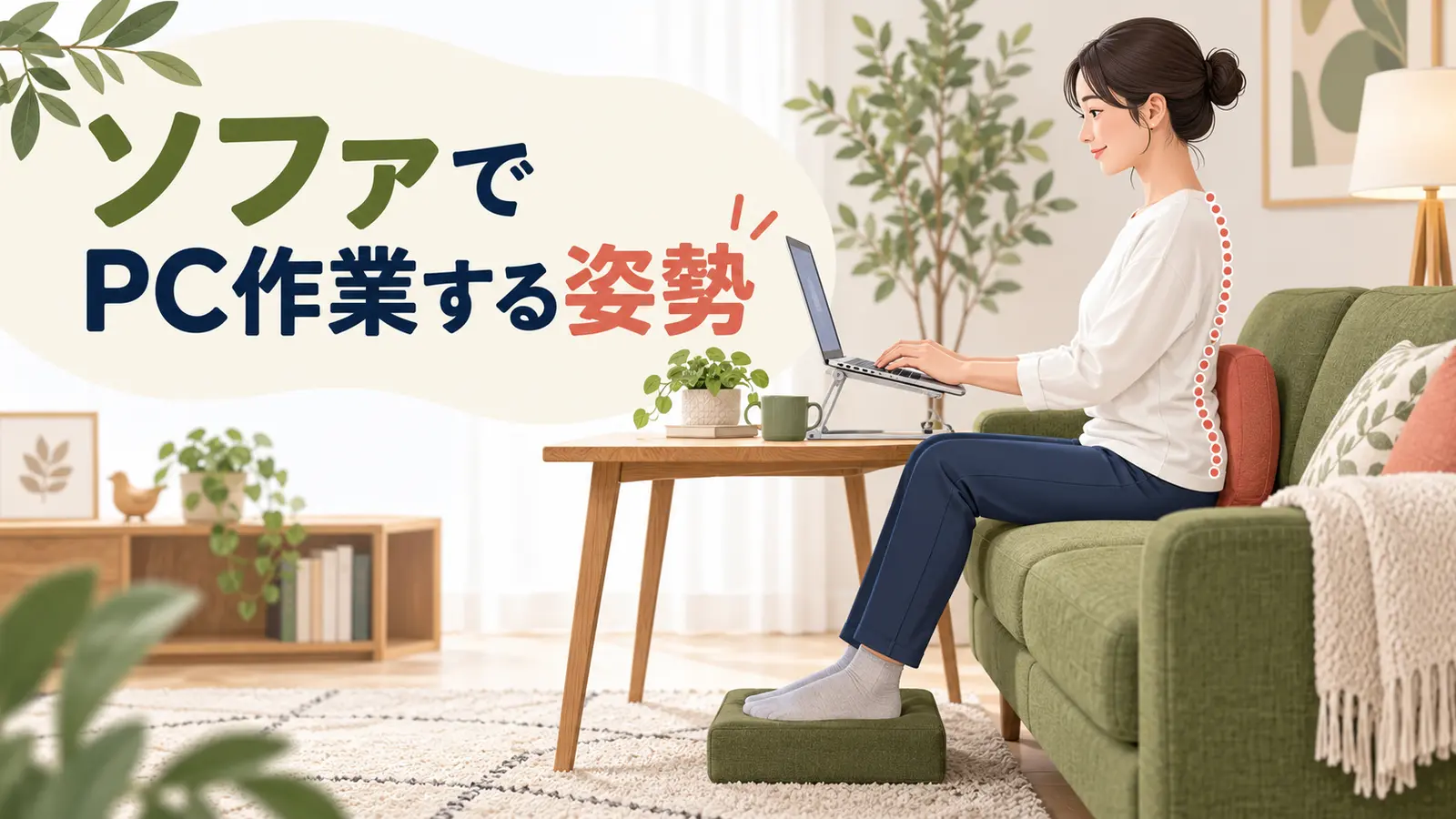 ソファで腰と足を支えてパソコンを使うデスクワーカー