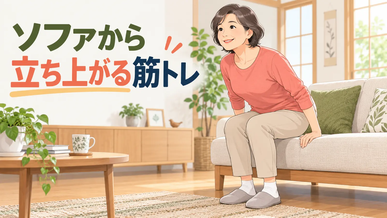 低いソファから安全に立ち上がる中高年女性