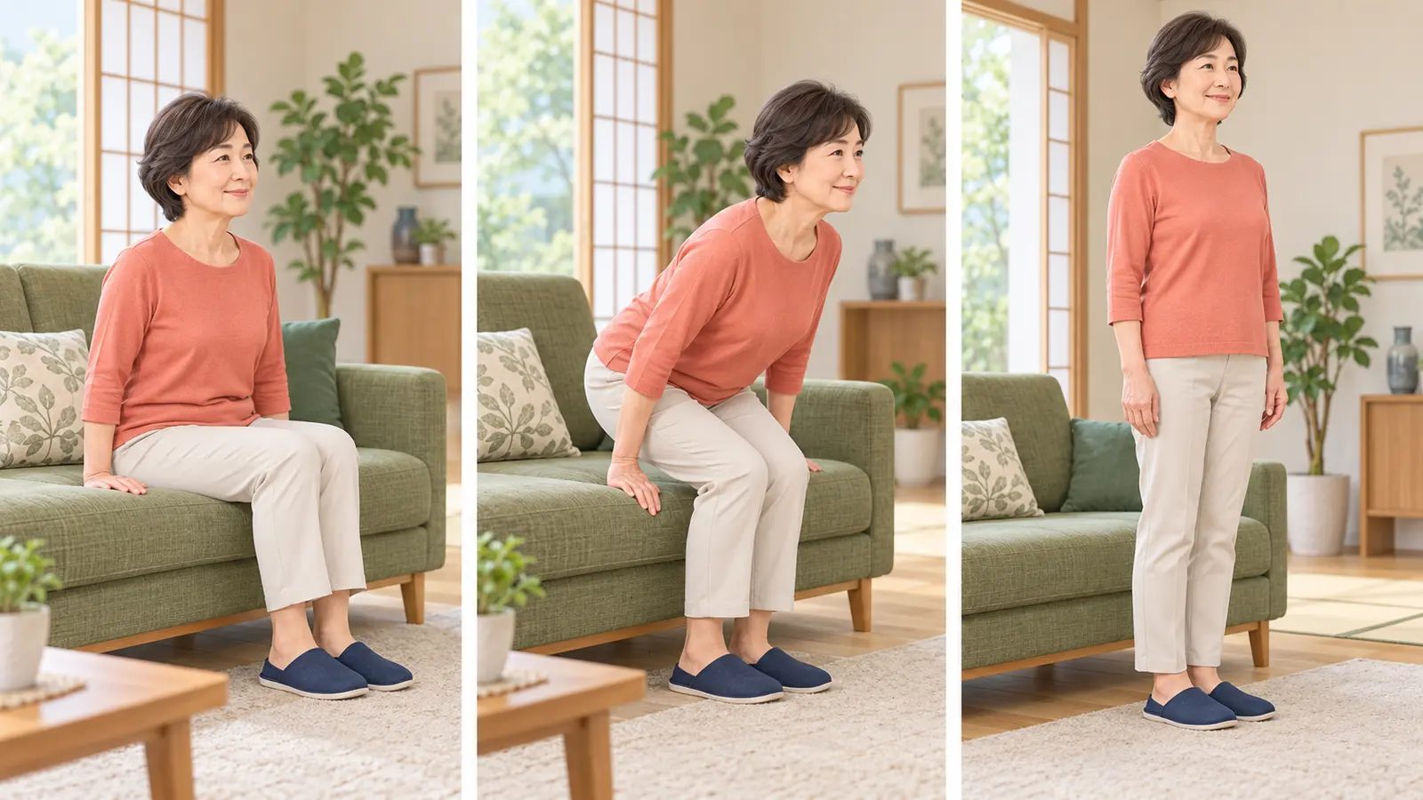 足を引いて前傾し立ち上がる3段階の手順