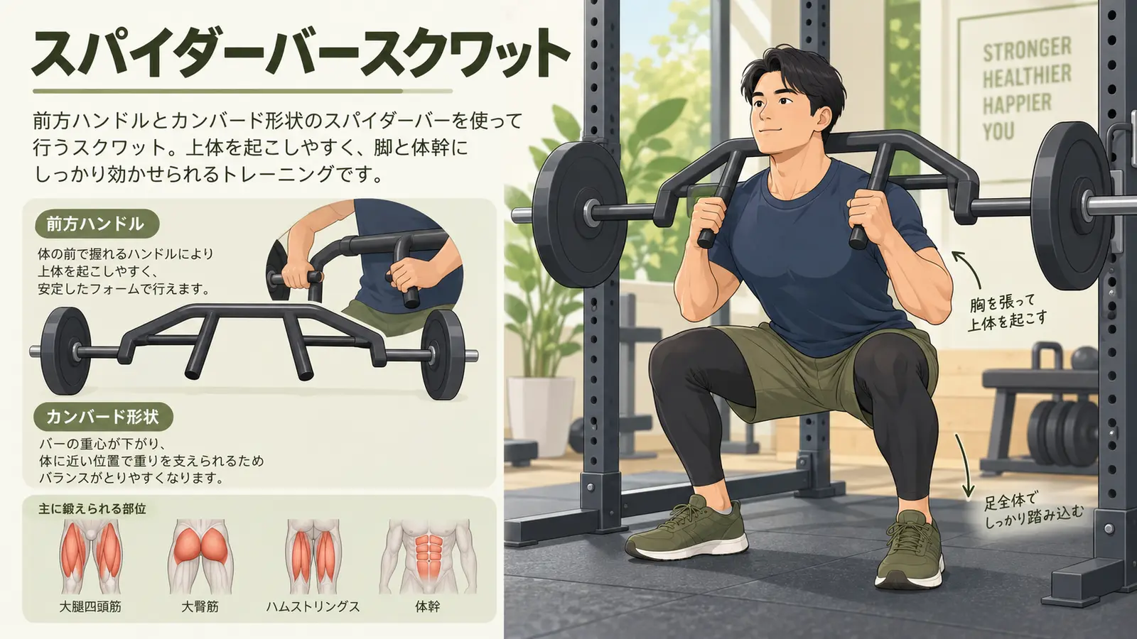 スパイダーバースクワットの要点を示すアイキャッチ