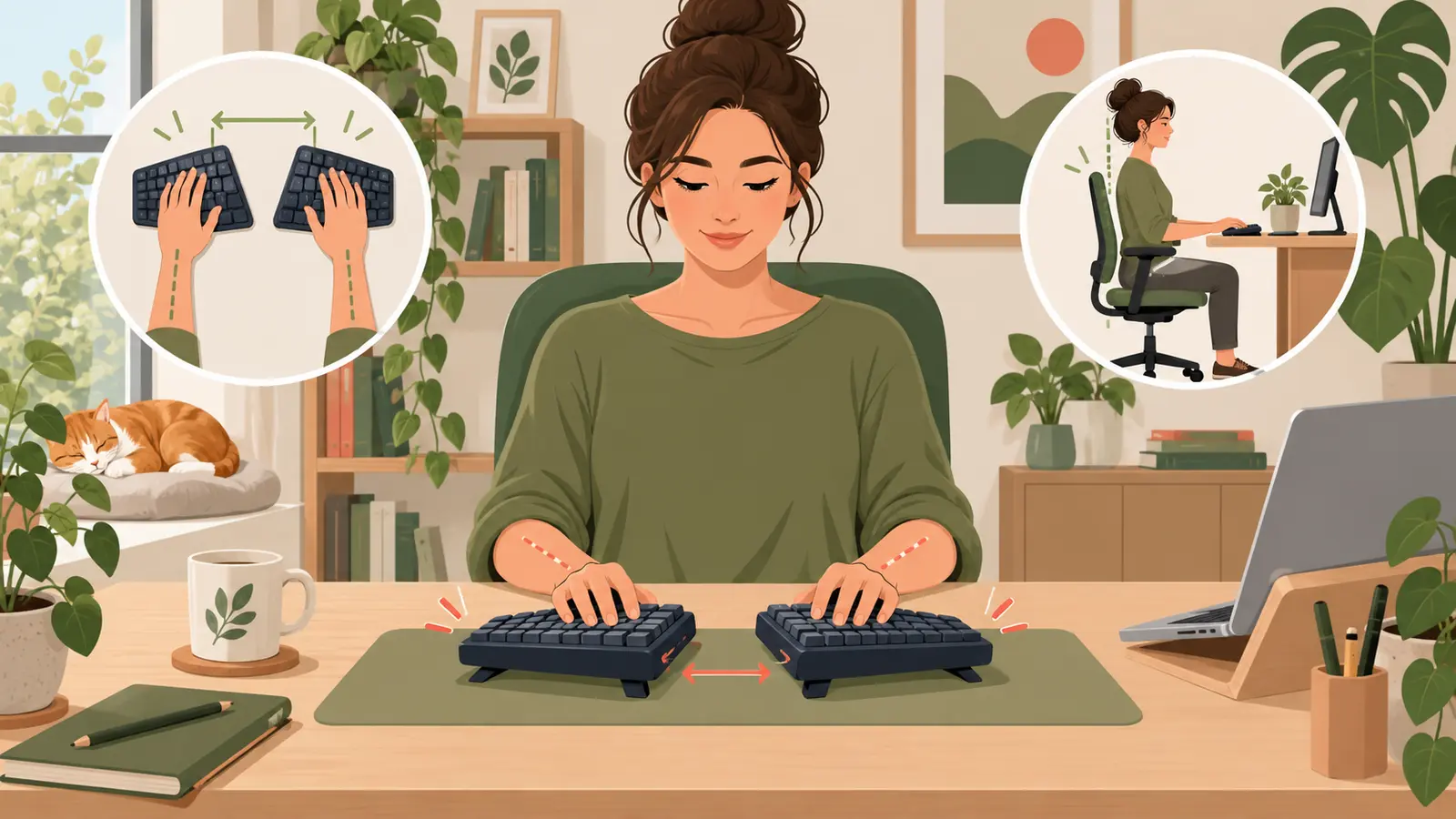 前腕に合わせて配置した分割キーボードを具体的に示すイラスト