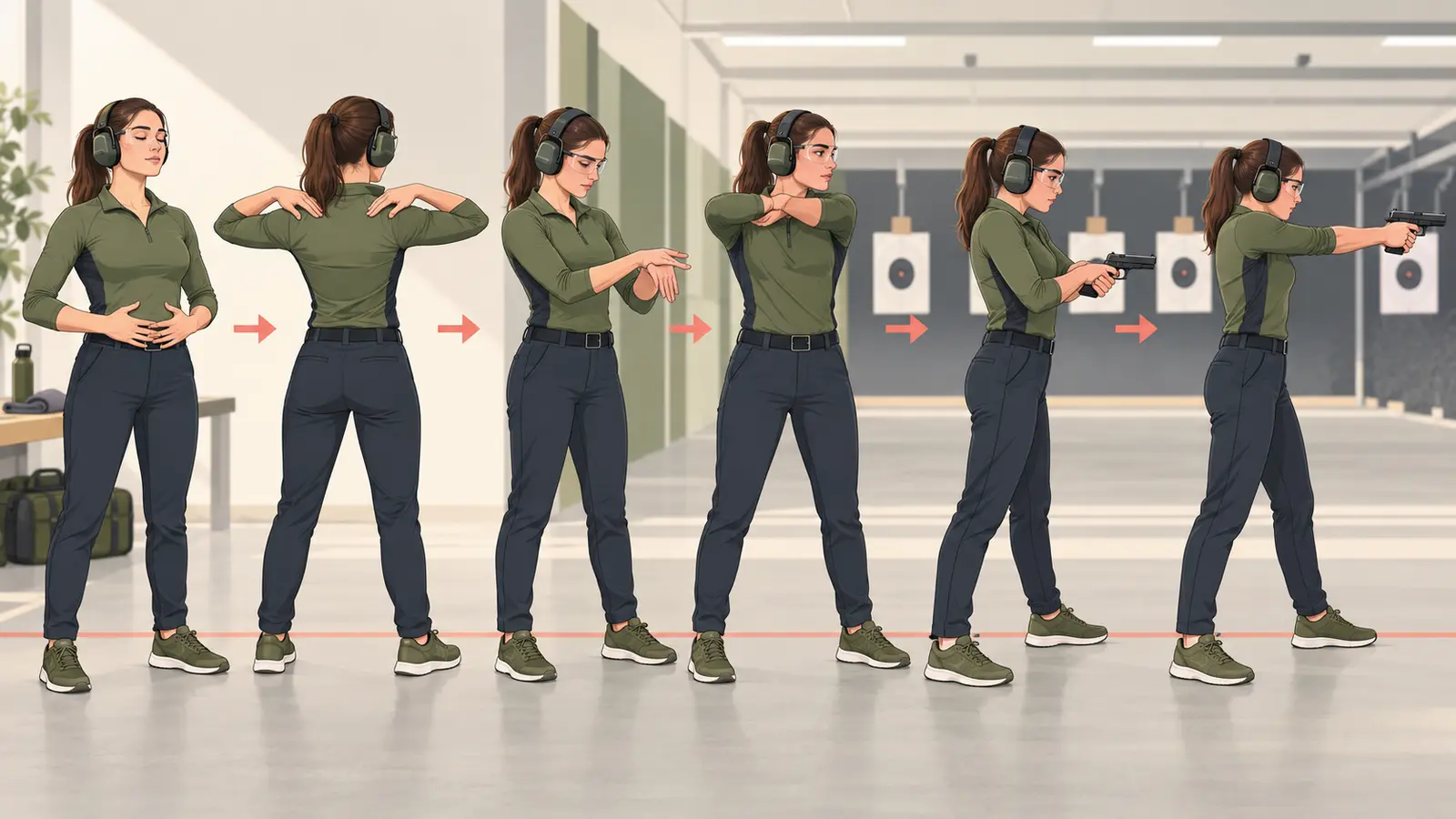 スポーツ射撃前のウォームアップ手順を示すイラスト