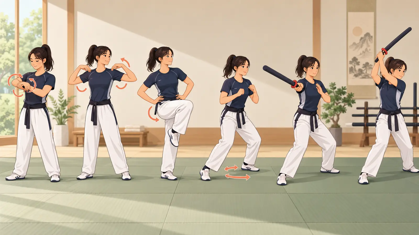 スポーツチャンバラ前のウォームアップ手順を示すイラスト