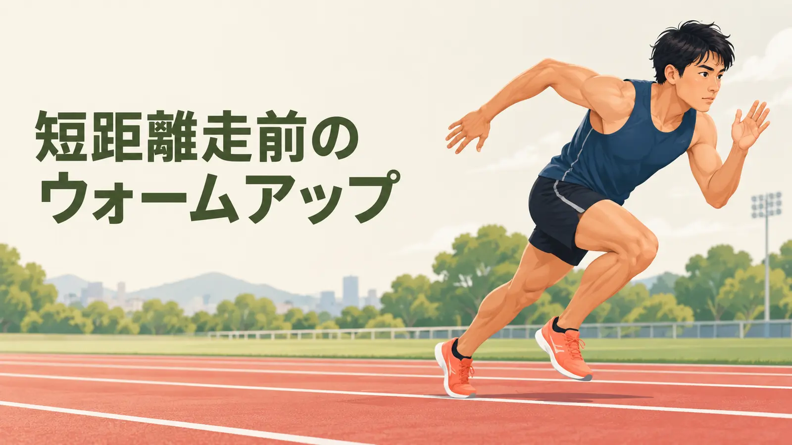 陸上トラックで短距離走前に加速を準備する選手